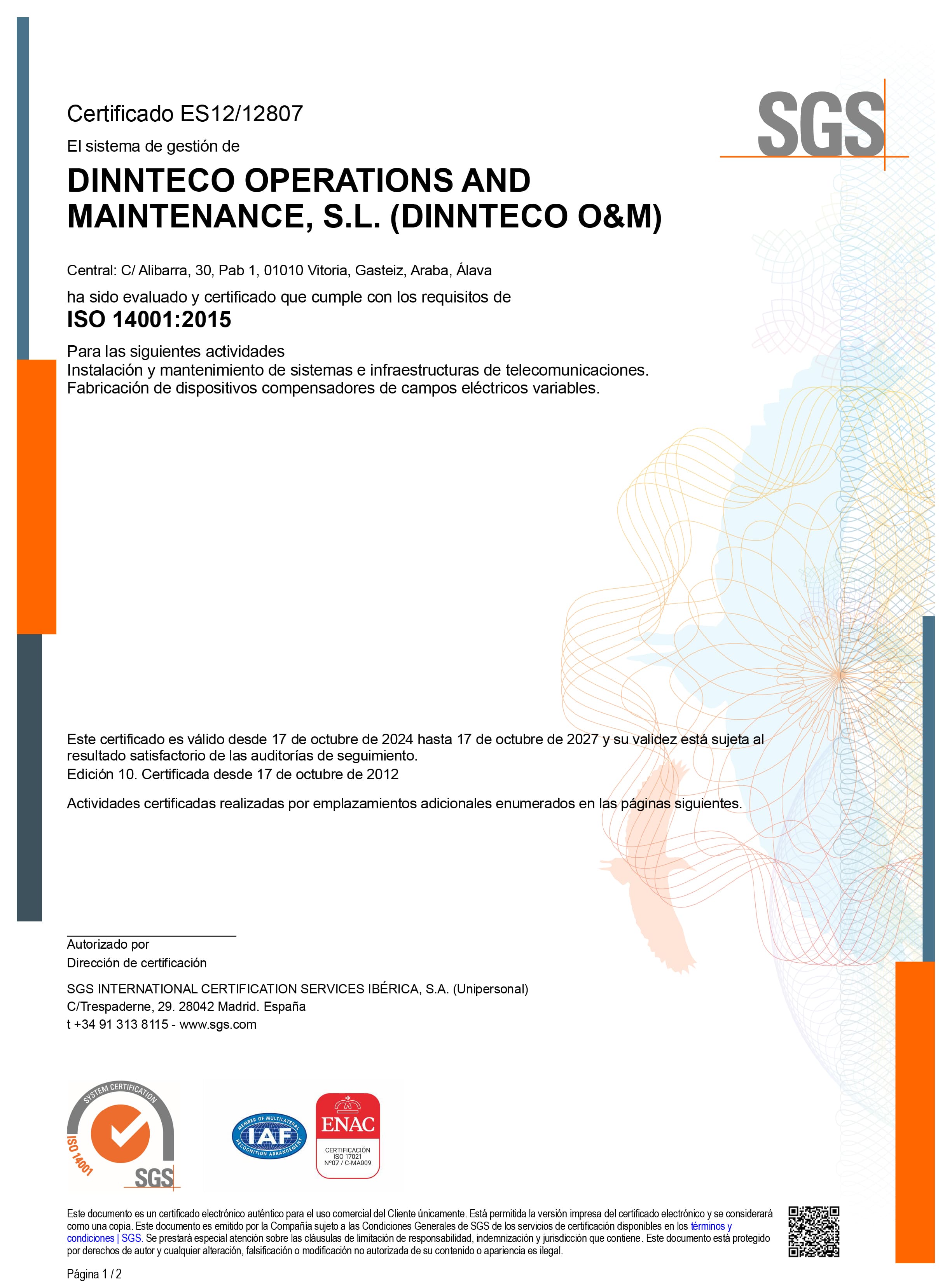 Certificado ISO 14001 para Dinnteco