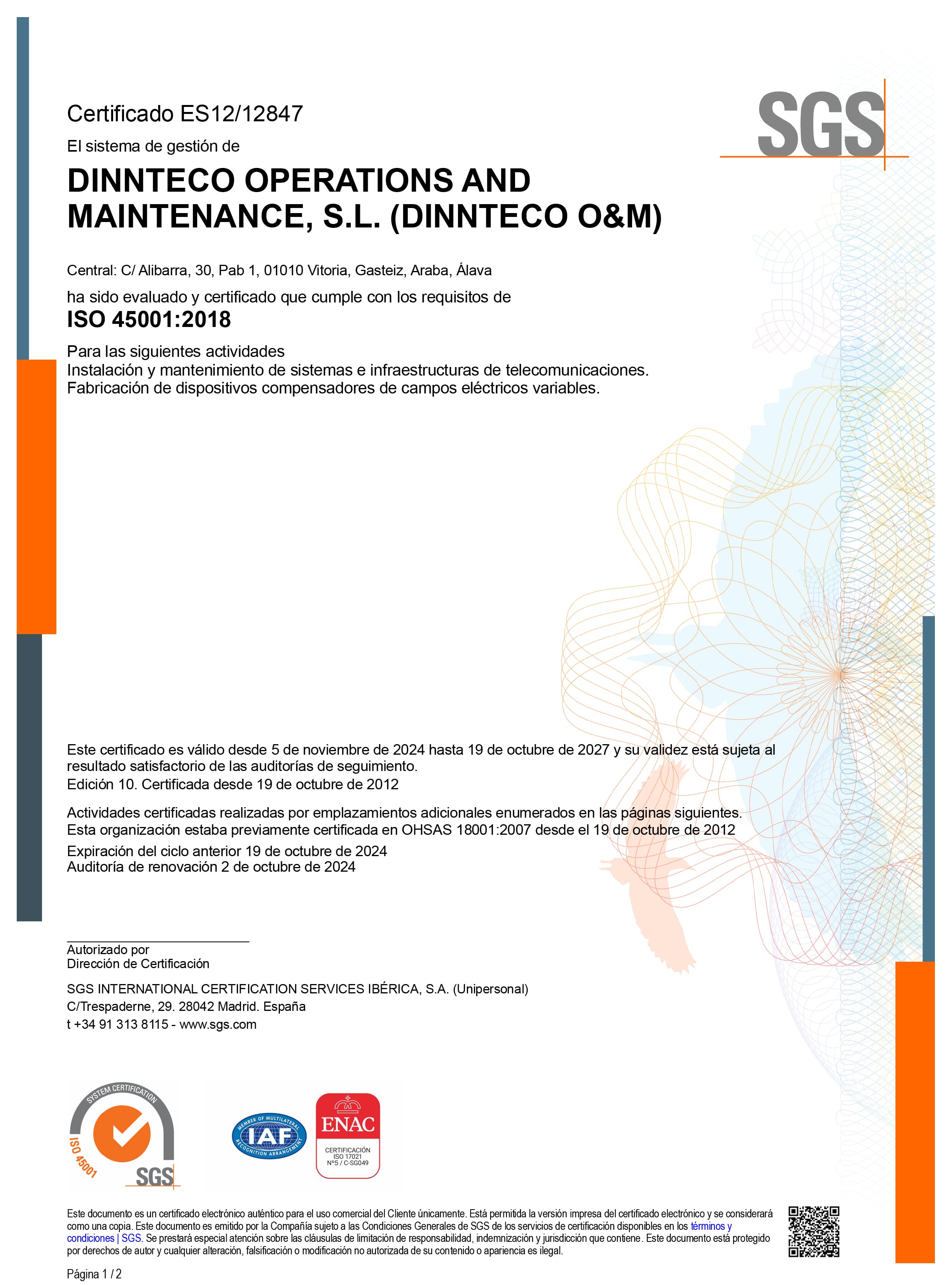 Certificado ISO 45001 para Dinnteco